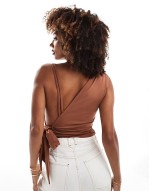 tie side backless asymmetric top in brown