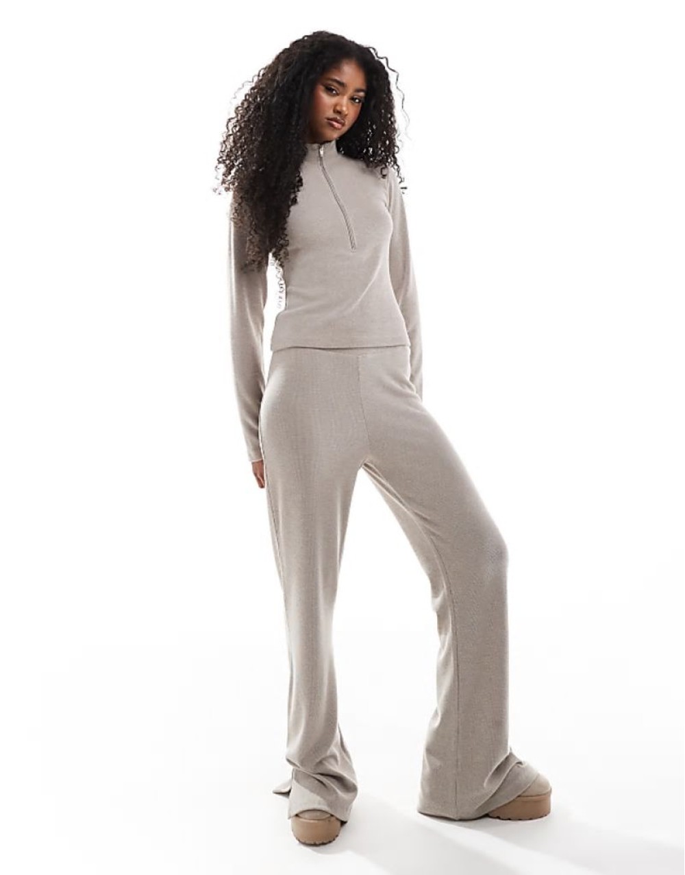 Premium soft touch rib half zip top co ord in mushroom