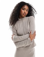 Premium soft touch rib half zip top co ord in mushroom