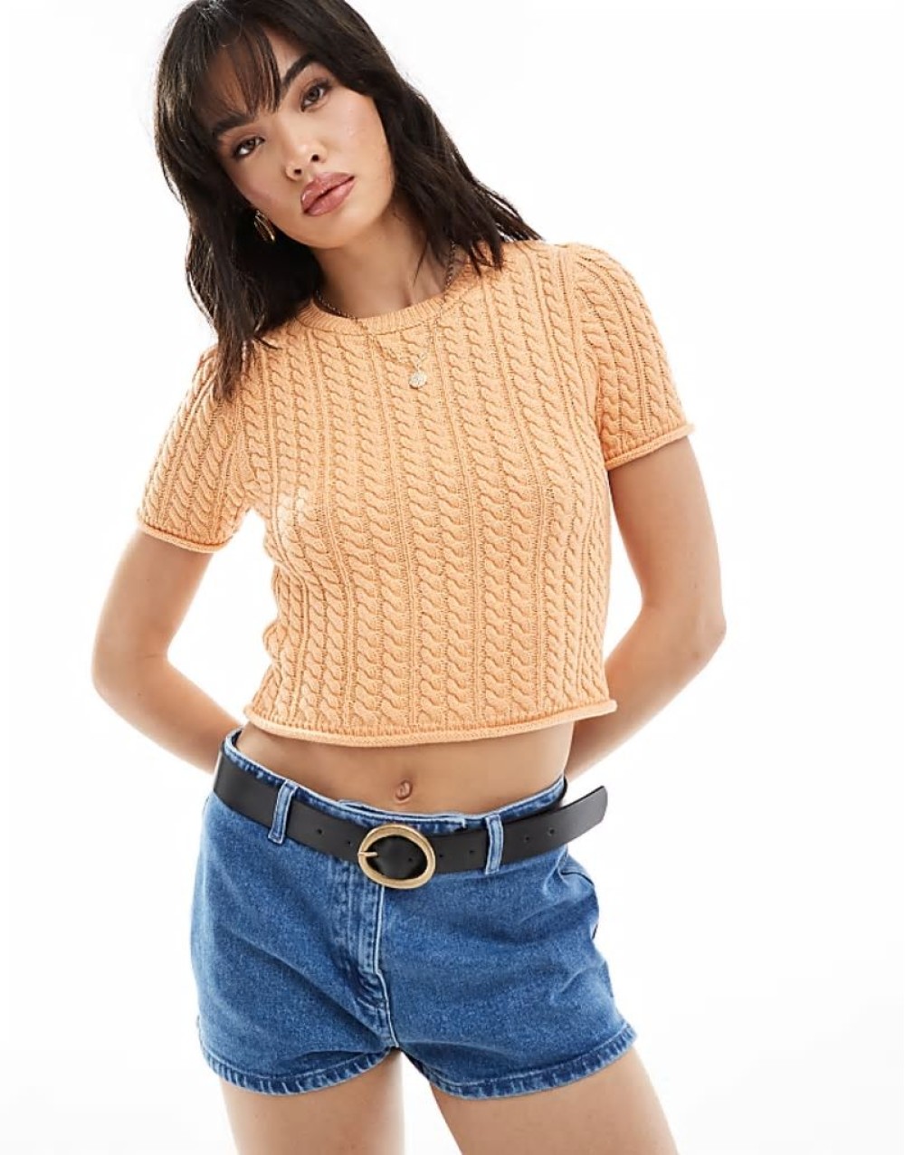knitted cable baby tee in peach