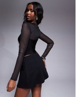 mesh long sve top with rouleau button detail in black