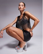 fishnet hotfix detail vest top in black