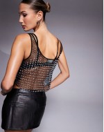 fishnet hotfix detail vest top in black