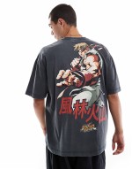 unisex oversized license t-shirt with Street Fighter prints in washed black