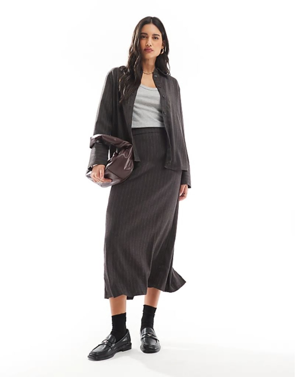 wide cuff shirt and column midi skirt set in dark grey pinstripe