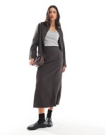 wide cuff shirt and column midi skirt set in dark grey pinstripe