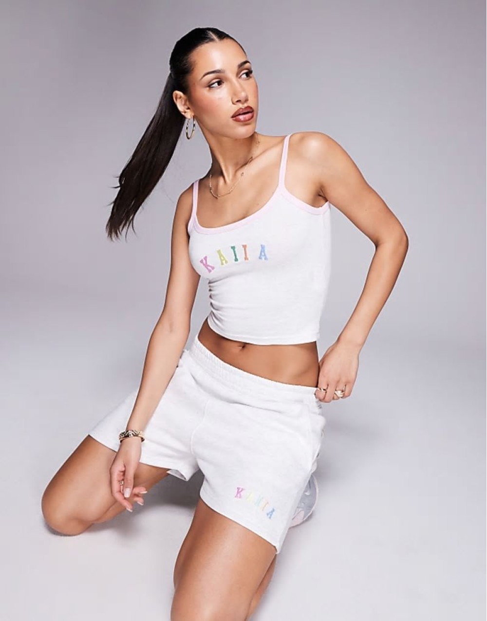 embroidered rainbow logo cami crop top co-ord in grey marl
