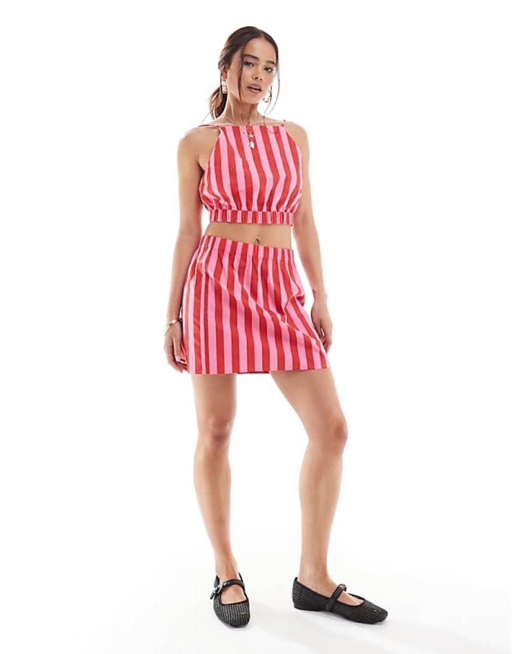 cotton mini skirt & cropped cami co-ord in pink and red stripe