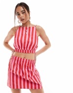 cotton mini skirt & cropped cami co-ord in pink and red stripe