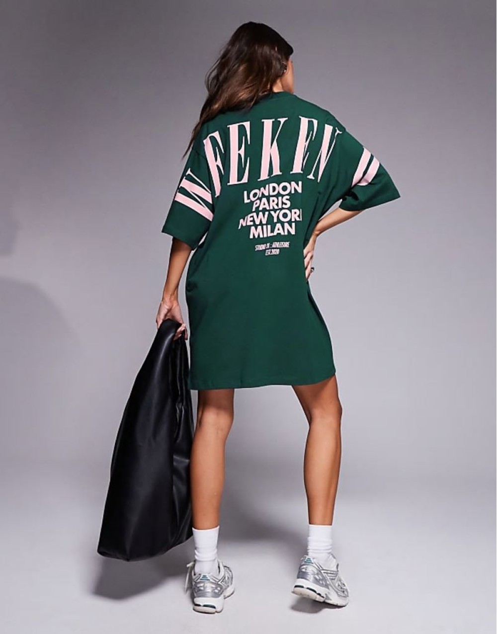 Weekend Collective oversized t-shirt dress in green with stacked back logo in pink