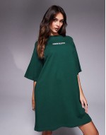 Weekend Collective oversized t-shirt dress in green with stacked back logo in pink