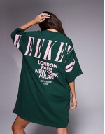 Weekend Collective oversized t-shirt dress in green with stacked back logo in pink