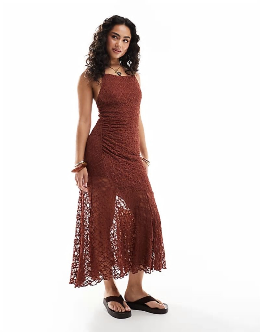 asymmetric hem lace maxi dress in burnt orange