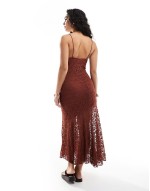asymmetric hem lace maxi dress in burnt orange