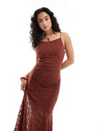 asymmetric hem lace maxi dress in burnt orange