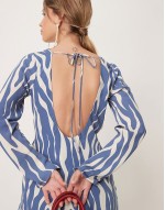 long sve slash neck asymmetric hem mini dress in in blue animal print