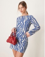 long sve slash neck asymmetric hem mini dress in in blue animal print