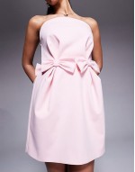 structured curved bodice bow mini dress in pale pink