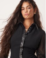 PU trim mini shirt dress with pleated skirt in black