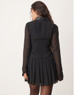 PU trim mini shirt dress with pleated skirt in black
