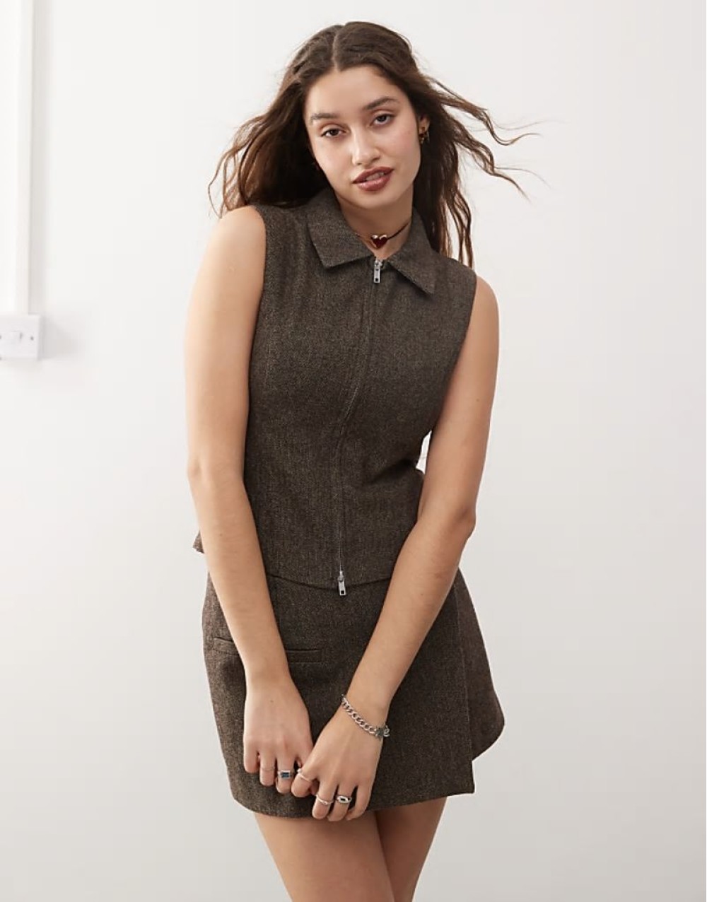 Karin co-ord zip through vest in brown herringbone
