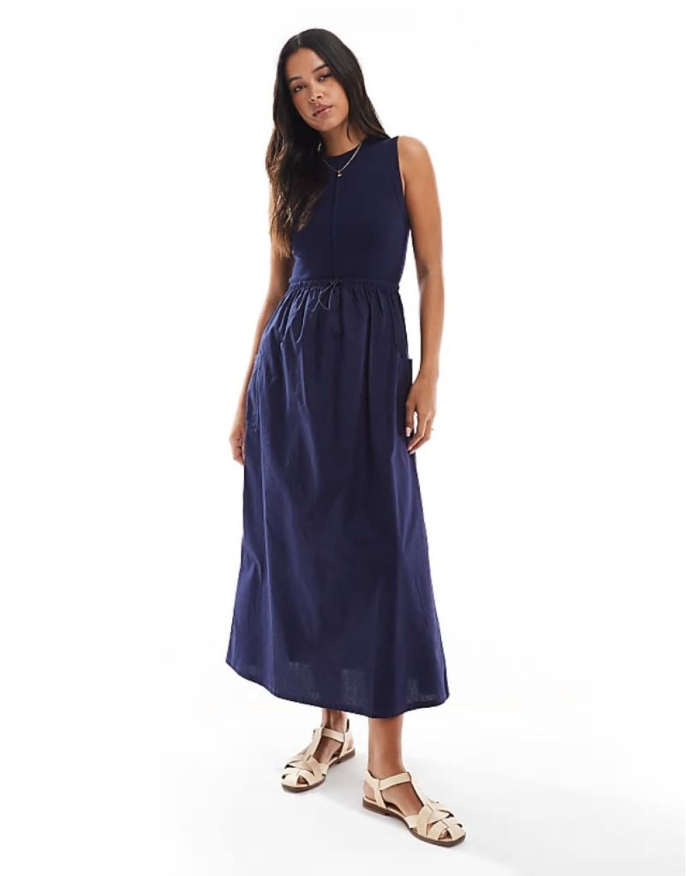 high neck maxi dress with poplin skirt and waist detail in navy