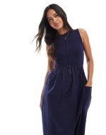 high neck maxi dress with poplin skirt and waist detail in navy
