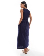 high neck maxi dress with poplin skirt and waist detail in navy