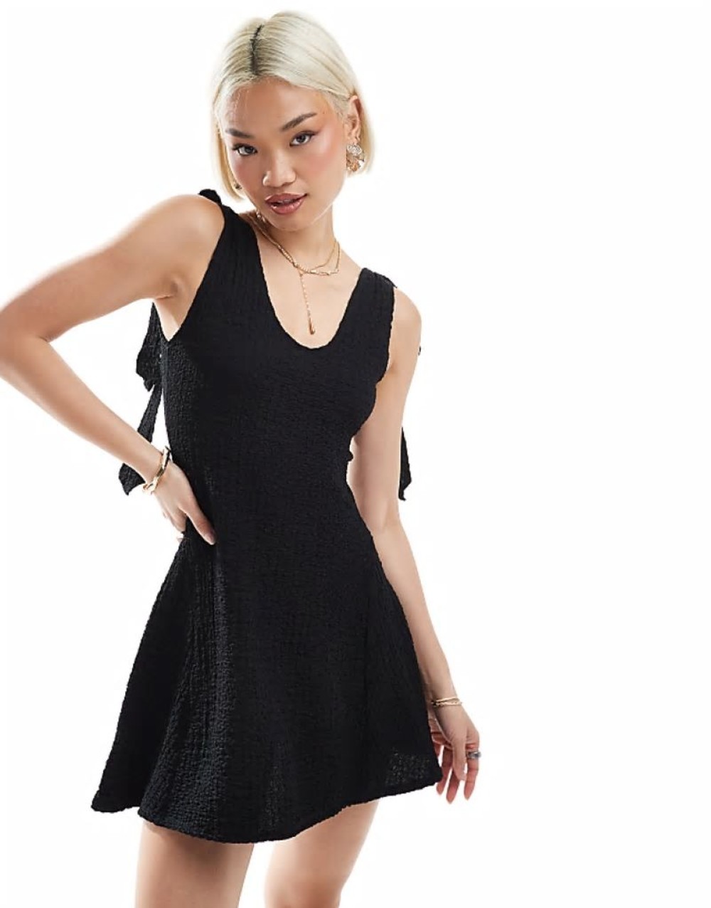textured tie sve swing mini dress in black
