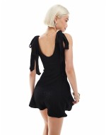 textured tie sve swing mini dress in black