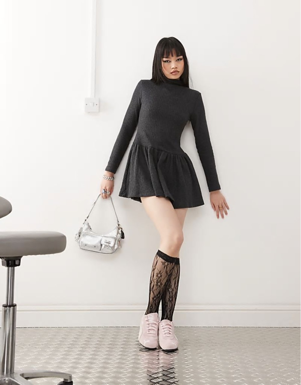 grown on neck dropped waist mini dress in grey