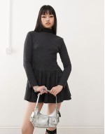 grown on neck dropped waist mini dress in grey