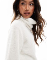 supersoft fluffy roll neck mini jumper dress in cream