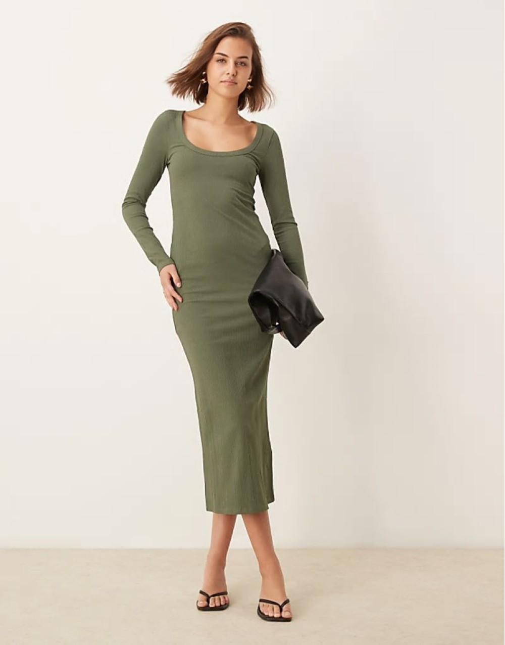spaced ribbed long sve scoop midi dress in olive green