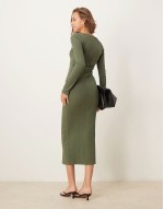 spaced ribbed long sve scoop midi dress in olive green