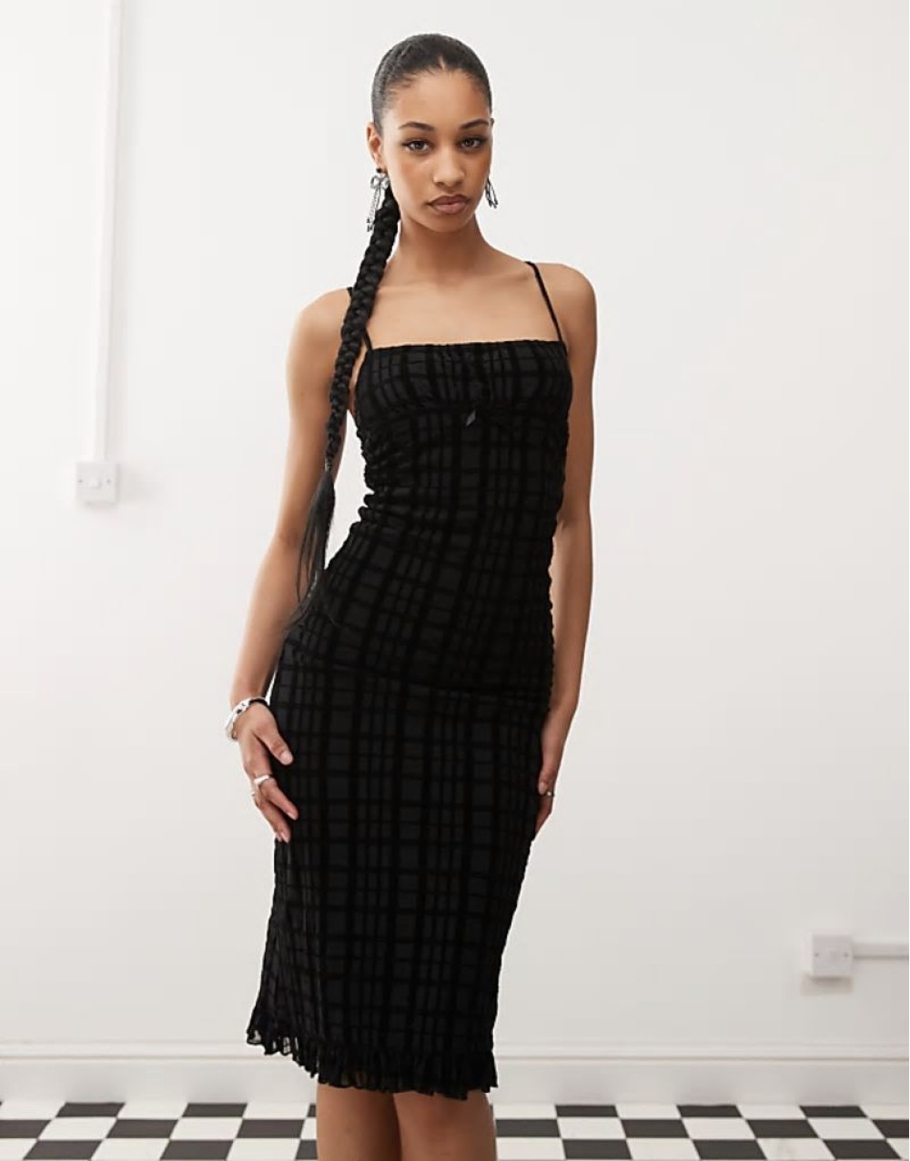 nateda flocked check midi cami dress in black