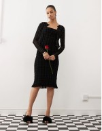 nateda flocked check midi cami dress in black