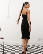 nateda flocked check midi cami dress in black