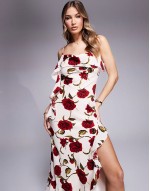 ruffle maxi dress with open back in rose print