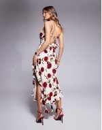 ruffle maxi dress with open back in rose print