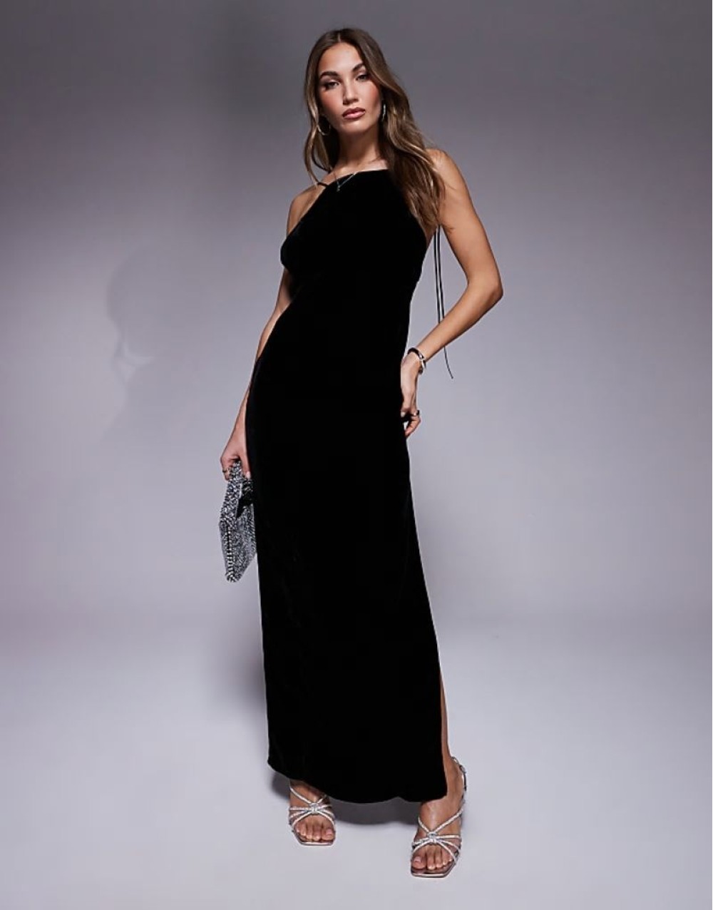 square neck velvet maxi dress with tie detail in black