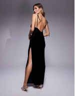 square neck velvet maxi dress with tie detail in black