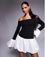 exclusive  contrast puff sve bubble hem mini dress in black and white