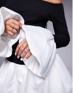 exclusive  contrast puff sve bubble hem mini dress in black and white