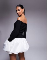 exclusive  contrast puff sve bubble hem mini dress in black and white