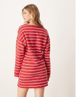 V front long sve T-shirt mini dress in red stripe