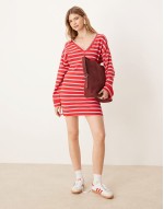 V front long sve T-shirt mini dress in red stripe