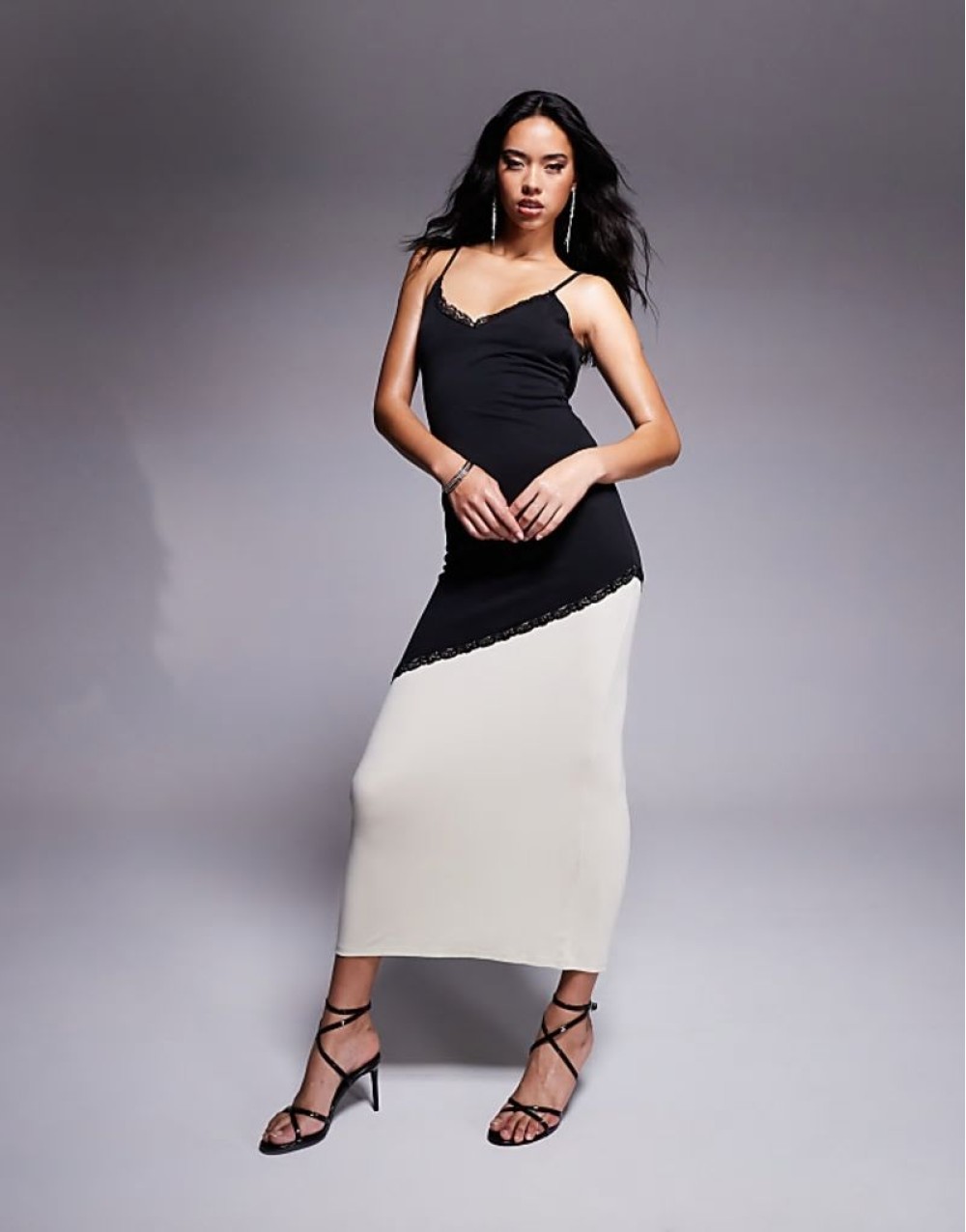 colour block maxi slip dress with lace trim details in mono