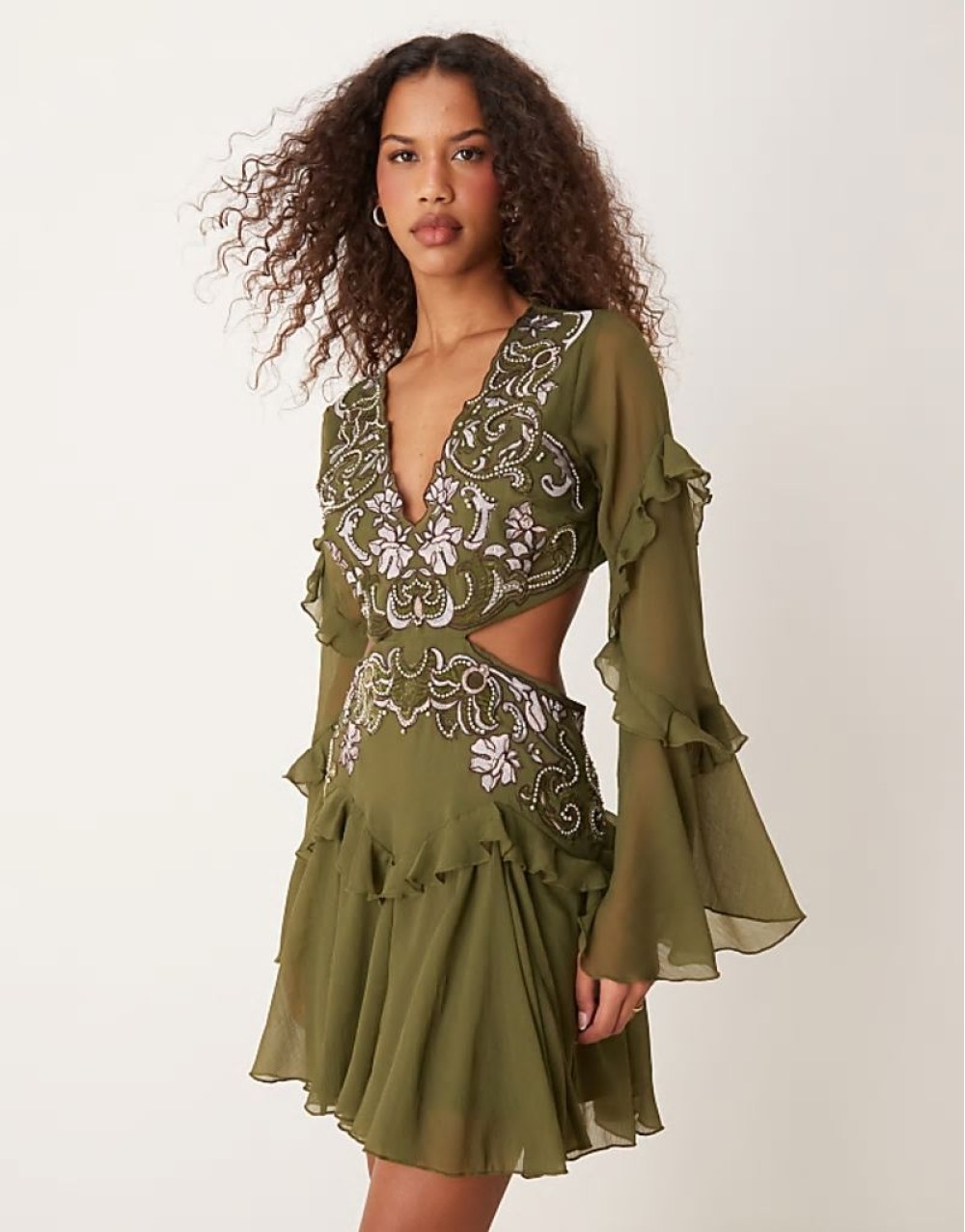 embroidered applique ruffle mini dress with godets in khaki