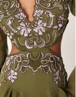 embroidered applique ruffle mini dress with godets in khaki
